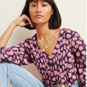 NWT! Anthropologie Maeve Cathy Pleated Floral Blouse V-neck Navy/Pink Size XS